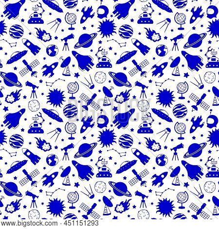 Seamless Pattern On The Theme Of Space And Space Travel , Blue Silhouettes Icons On A White  Backgro