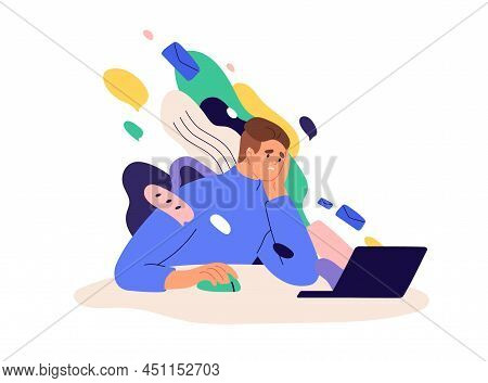 Information Overload And Data Excess Concept. Stressed Person In Info Flood, Reading Multiple Intern