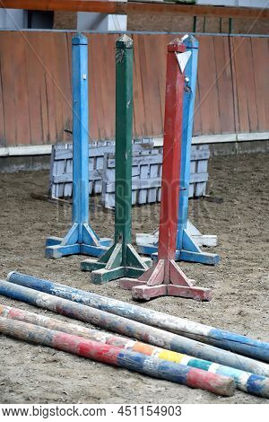 Show Jumping Poles Obstacles, Barriers, Waiting For Riders On Show Jumping Training. Horse Obstacle 