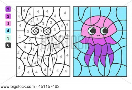Color By Numbers Sea And Ocean Life. Puzzle Game For Children Education, Colors For Drawing And Lear