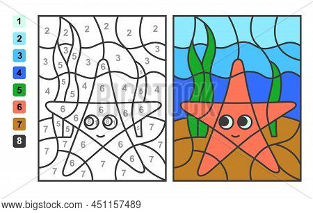 Color By Numbers Sea And Ocean Life. Puzzle Game For Children Education, Colors For Drawing And Lear