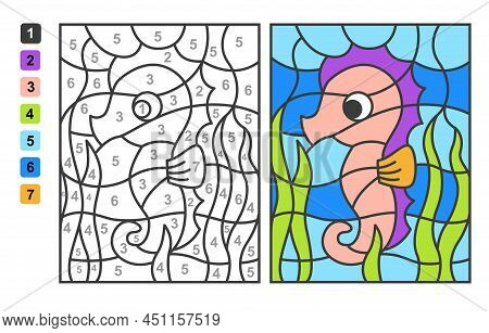 Color By Numbers Sea And Ocean Life. Puzzle Game For Children Education, Colors For Drawing And Lear