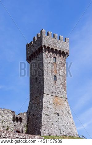 Radicofani - Italy. June 04, 2021: Vertical Close Shot Of Rocca Di Radicofani Castle Observation Tow