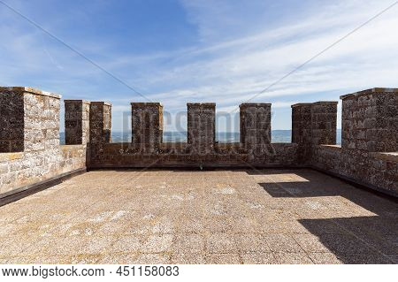 Radicofani - Italy. June 04, 2021: Top Level Of The Radicofani Tower With battlements Close View And