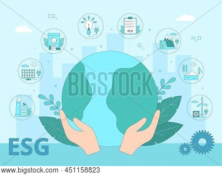 Esg Environmental Business Concept. Planet Earth With Icons Arranged Around It. Renewable Energy. Mo