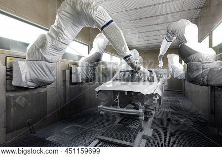 Car Bodies Are On Assembly Line. Modern Automotive Industry. A Car Being Checked Before Being Painte