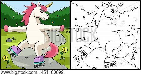 This Coloring Page Shows A Unicorn Roller Skating. One Side Of This Illustration Is Colored And Serv