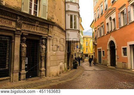Rovereto, Italy - December 26th 2021. A Street In The Historic Centre Of Rovereto In Trentino, North