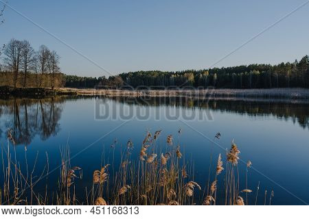 Blue Lake On Dark Forest Background. Blue River Water. Summer Lake For Fishing. Sunset On River. Nat