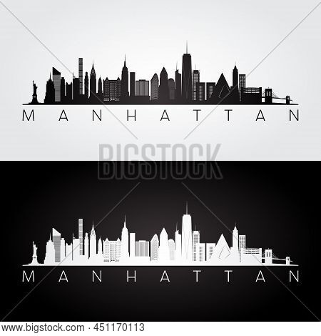 Manhattan, Nyc Skyline And Landmarks Silhouette, Black And White Design, Vector Illustration.