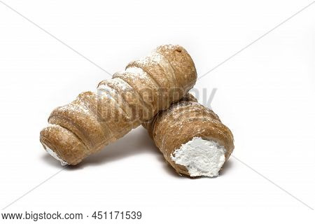 Close Up Of Two Stacked Foam Rolls As A Traditional Sweet Austrian Dessert Made Of Puff Pastry With 
