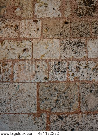 Old Gray Brick Wall. Photo Of Surface Of Vintage Stony Wall. Wide Angle. Vintage Clinker Pattern. Gr