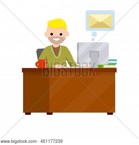 Young Man Sit At Table With Computer And Receives Letter. E-mail In Messenger, Chat With Friends On 