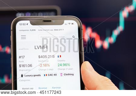 Lvmh Stock Price On The Screen Of Cell Phone In Mans Hand With Changing Stock Market Exchange With T