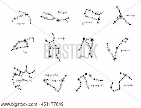 Zodiac Hand Drawn Constellations Isolated Cliparts Bundle, Unique Astrology Sings Illustration, Esot