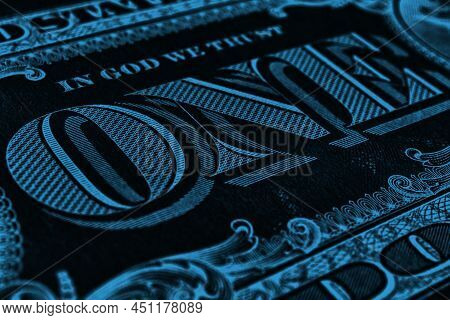 American Paper Money. 1 Us Dollar Bill. Word One Close-up. Dark Blue Inverted Background Or Wallpape