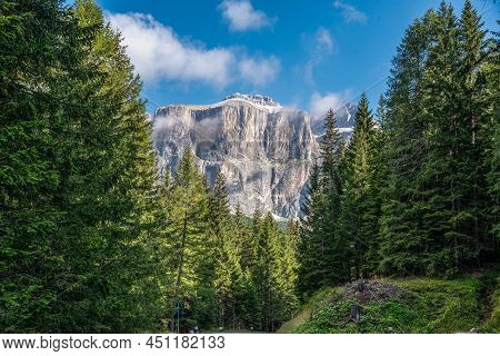 September 2021, Panorama Of Sass Pordoi. Photographed From The Winding Road Leading To Passo Pordoi