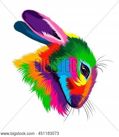 Abstract Rabbit Head Portrait, Hare From Multicolored Paints. Colored Drawing