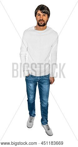 Young Handsome Guy Dressed In A White Sweater And Blue Denim Pants, Isolated. Young Adult European M