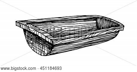 Old Wooden Washtub. Drinking Bowl For Livestock. Vector Illustration With Contour Lines In Black Ink