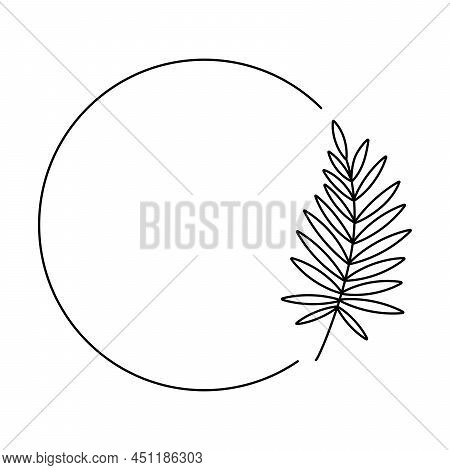 Floral Linear Logo With Palm Branch. Space For Text. Boho Emblem. Bohemian Sign. Elegant Minimal Bad