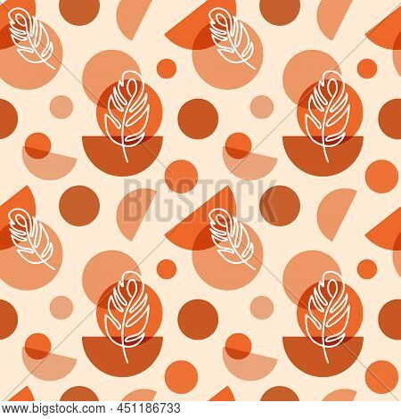 Boho Seamless Pattern. Geometric Design With Linear Feather. Bohemian Style For Clothing, Textile An