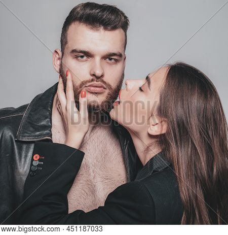 Touch His Bristle. Girlfriend Passionate Red Lips And Man Leather Jacket. She Adores Male Beard. Pas