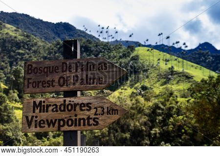 Salento, Colombia - July 2021. Signs At The Beautiful Cloud Forest And The Quindio Wax Palms At The 