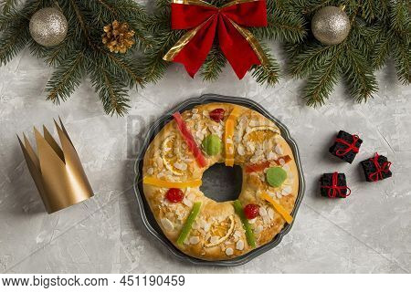 Spanish Epiphany Cake Roscon De Reyes White Copy Space Background