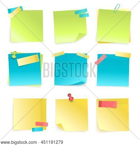 Set Of Colored Isolated Sticky Notes With Paper Clip And Adhesive Tape Isolated On White Background 