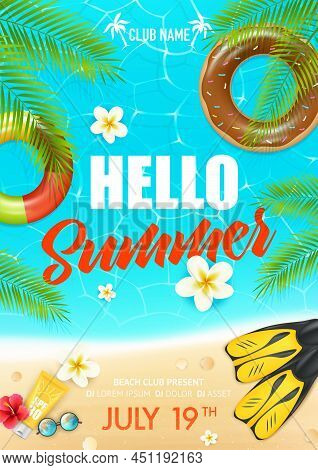Tropical Summer Vacation Beach Club Colorful Invitation Poster  With Lifebuoy Ring Suncream And Hibi