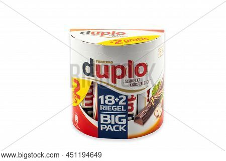 Huettenberg, Germany - February  11, 2022: Box With Duplo Chocolate Bars Isolated On White Backgroun