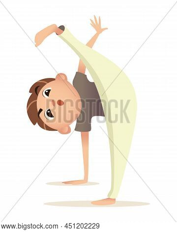 Boy Trains In Capoeira, Stands In Pose On One Arm And Leg, Lifted The Other Leg Up. Child Goes In Fo