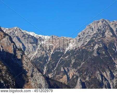 Mountains Called Monte Pasubio In The Veneto Region In Northern Italian And The Alpin Hut Called Rif