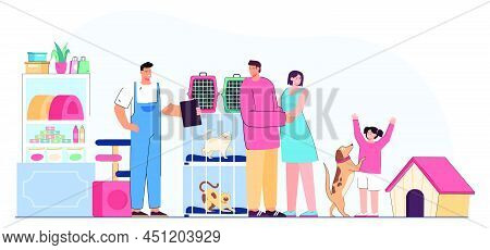 Family With Kid In Pet Shop Flat Vector Illustration. Happy Mother, Father And Daughter Taking Dog F