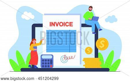 Tiny Business People With Invoice Payment Report And Laptop. Payroll Or Vat Paid Online Flat Vector 