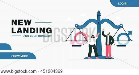 Tiny Woman And Man Standing Next To Scale With Gender Symbols. Gender Equality Flat Vector Illustrat