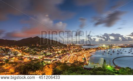 Marigot, St. Martin town skyline in the Caribbean at twilight.