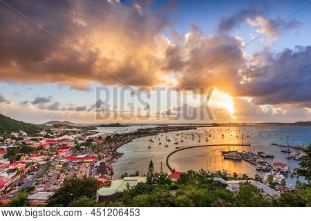 Marigot, St. Martin town skyline in the Caribbean at dusk.