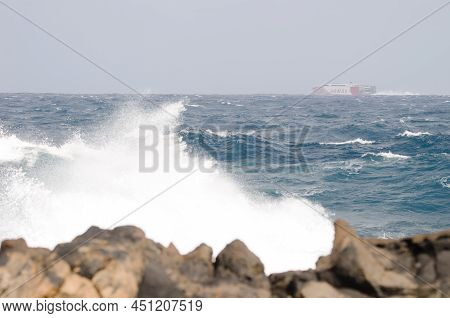 Atlantic Ocean, February 27, 2022: Passenger Ship Sailing. El Confital. La Isleta. Las Palmas De Gra