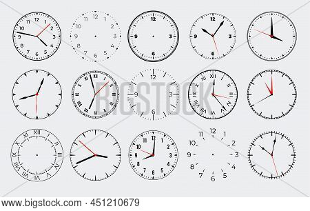 Circle Watch Face. Clock With Marks Numbers And Arrows. Vector Isolated Set