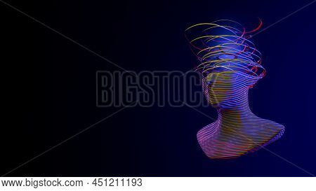 3d Digital Abstract Human Face On A Dark Background. Futuristic Face Cut Into Colored Slices. Metave