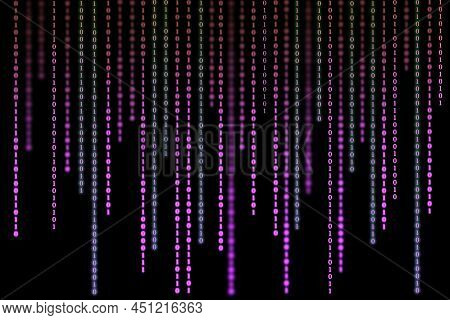 Purple Matrix Background Of Binary Numbers. Matrix Of Computer Data. Vertical Digital Binary Code Mo