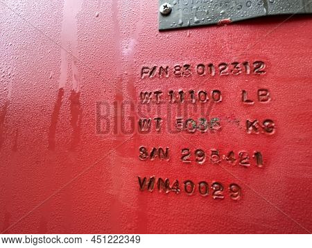 Augusta, Ga Usa - 03 19 22: Manitowoc Red Crane Construction Scene Cloudy Rainy Day Weights Engraved