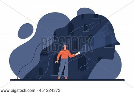 Concept Of Psychoanalysis. Man With Flashlight Against Background Of Dark Buildings In Silhouette Of