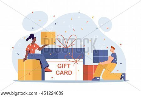 Gift Card Or Discount Coupon. Man And Woman Standing Next To Boxes And Presents With Ribbon And Bow.