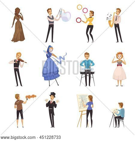 Street Artists Isolated Cartoon Icons With Mime Busker Juggler Painter Musician Illusionist Colored 