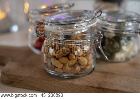 Glass Jars With Healthy Party Snacks Served In Bar, Tasty Appetisers