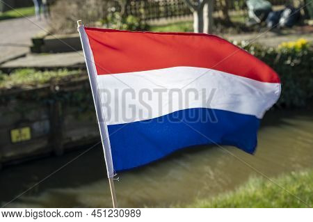 Red White Blue Dutch Flag Hangt Outdoor On Sunny Spring Day, King Day