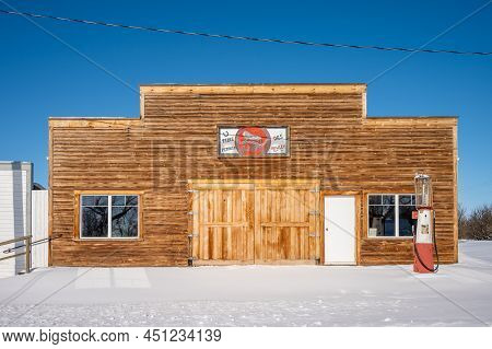 Rowley, Alberta - March 6, 2022: Store Fronts In The Ghost Town Of Rowley In Winter.